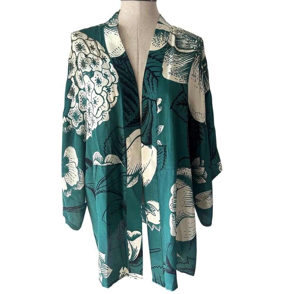 Anthropologie DUET green beaded Verdure Floral Kimono Robe 100% Silk